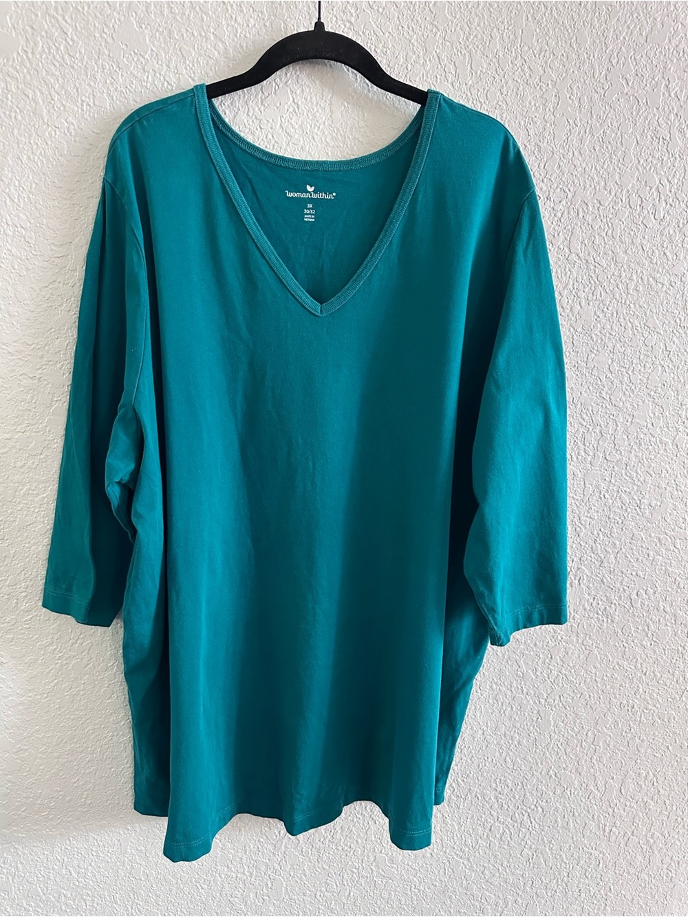 Woman Within 3X Deep Teal V-Neck Cotton Tunic Top 3/4 Sleeve Plus Size